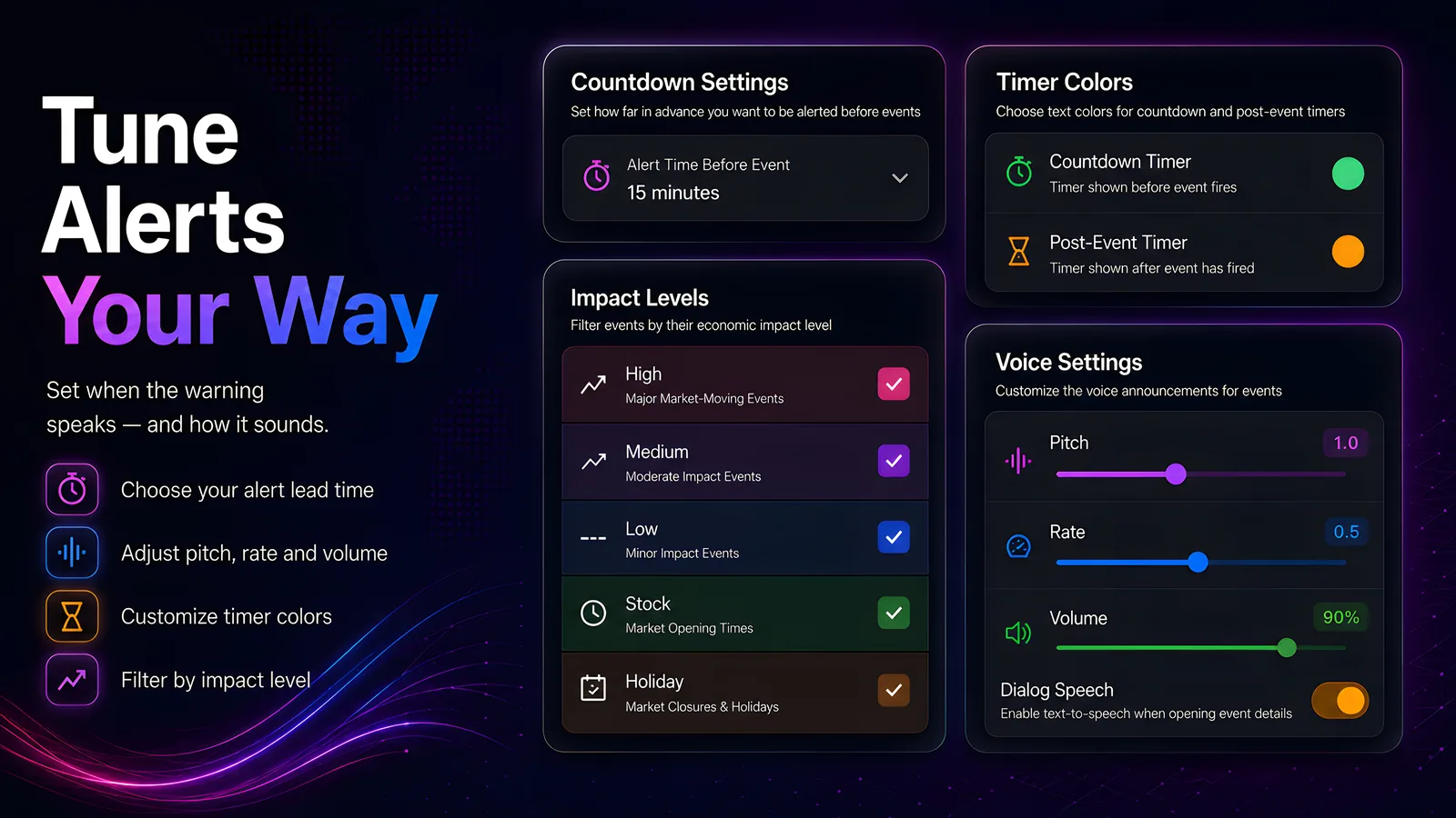 Settings for alert lead time, impact filters, timer colours and voice pitch, rate and volume